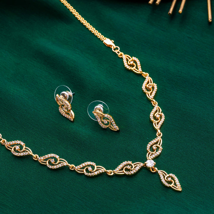Stylish Matt Gold plated American Diamond CZ Banded Tulip Necklace