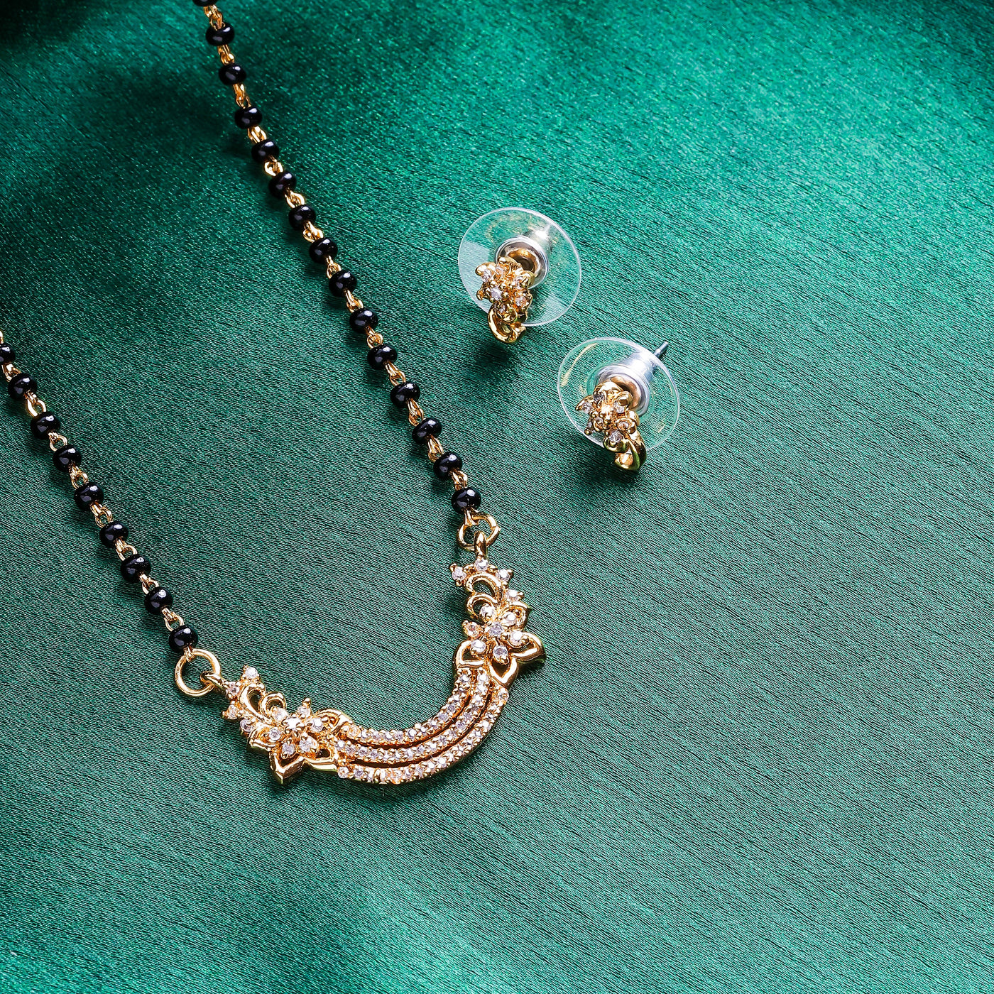 Estele Gold Plated CZ Floret Wave Shaped Mangalsutra Necklace Set for Women