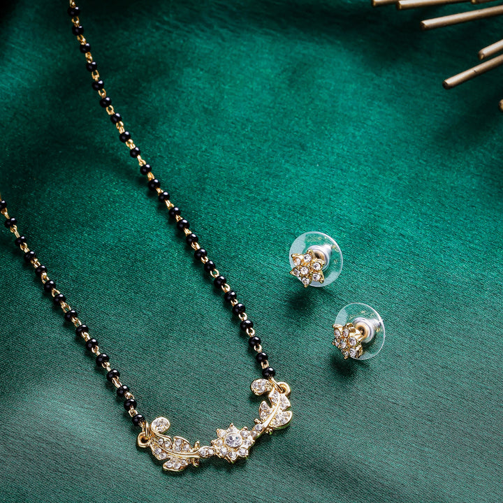 Estele Gold Plated Elegant Floral Leafy Textured Mangalsutra Necklace Set with Austrian Crystals for Women