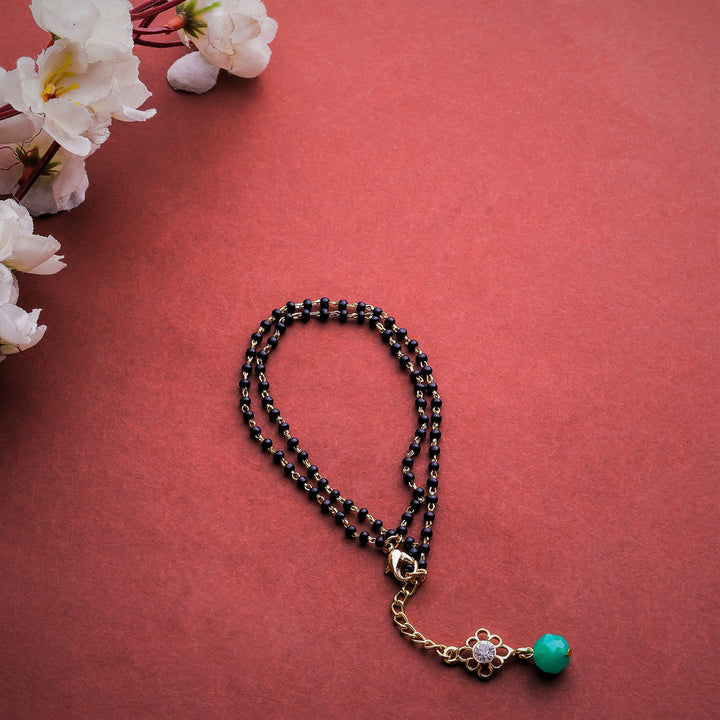Estele Gold Plated Floret Designer Black & Green Beads Bracelet with Austrian Crystal for Women