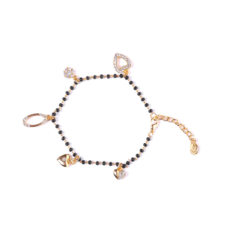 Estele Gold Plated Florat Heart Loop Shaped Black Beads Bracelet with Austrian Crystals for Women