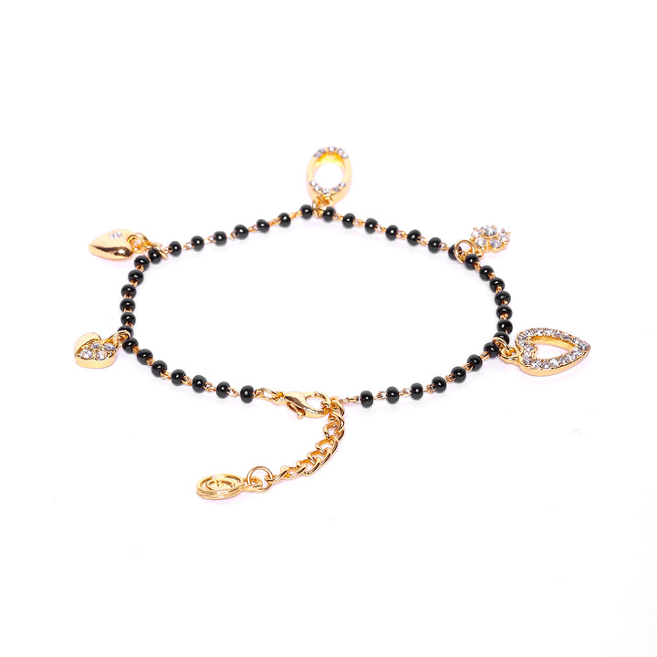 Estele Gold Plated Florat Heart Loop Shaped Black Beads Bracelet with Austrian Crystals for Women