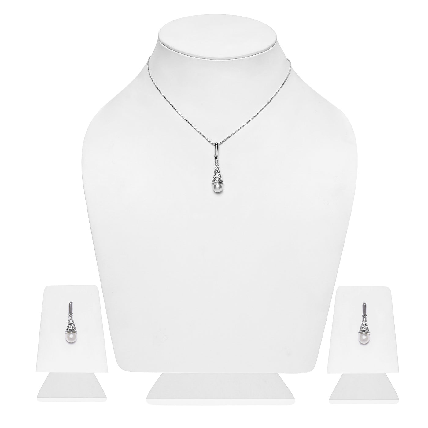 Estele Rhodium Plated with Pearl Drop and Austrian Crystal Necklace Set for Women