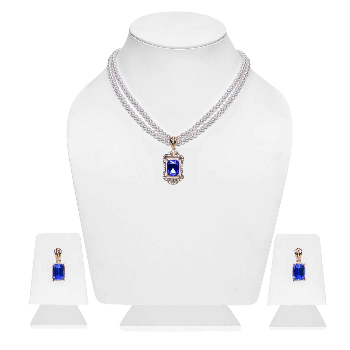 Estele Gold Plated Sparkling Pearl Necklace Set with Blue Stones for Women & Girls