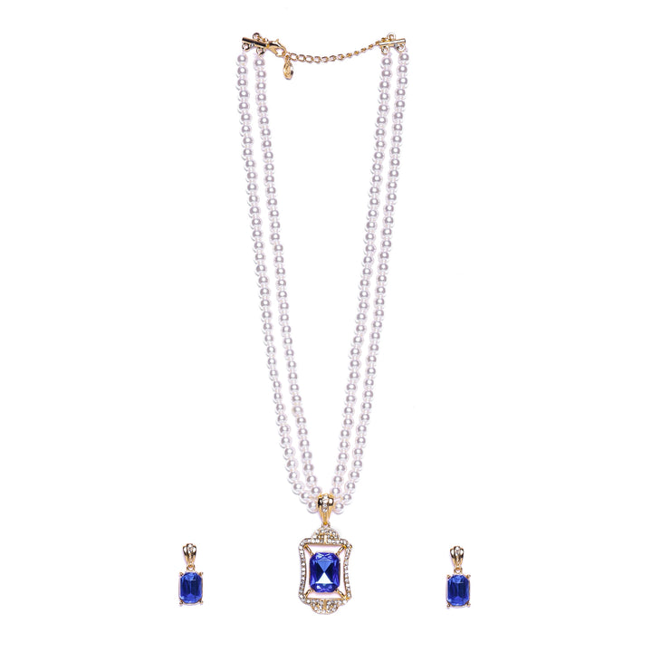 Estele Gold Plated Sparkling Pearl Necklace Set with Blue Stones for Women & Girls
