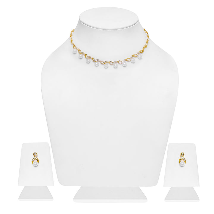 Estele Gold Plated Sparkling Pearl Drop Necklace Set for Women