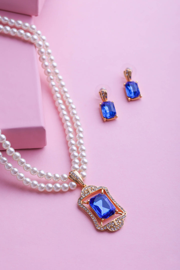 Estele Gold Plated Sparkling Pearl Necklace Set with Blue Stones for Women & Girls