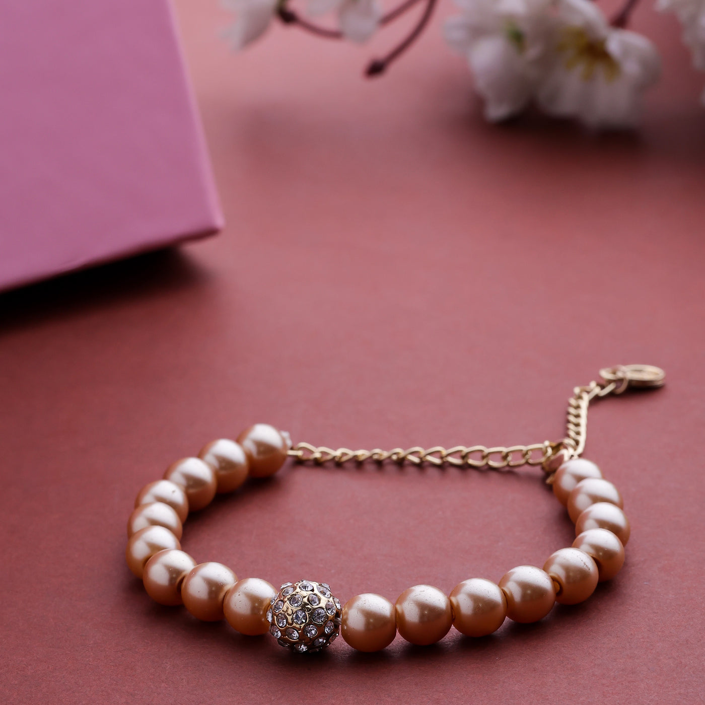 Estele - Fancy Gold Pearl Single line Bracelet with Crystal Balls