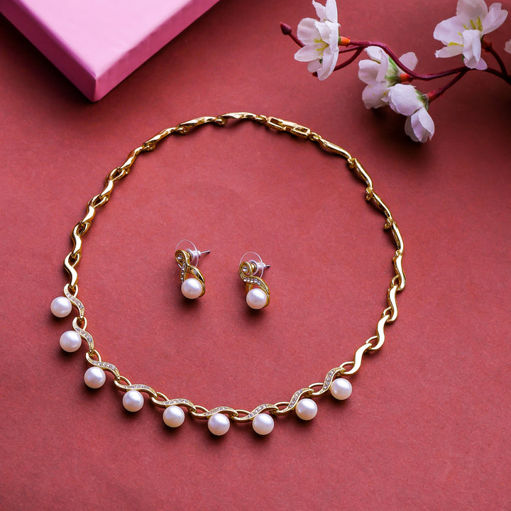 Estele Gold Plated Sparkling Pearl Drop Necklace Set for Women