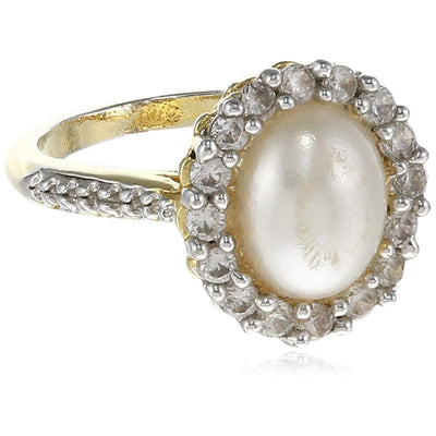 Estele white big pearl ring with american diamonds studded for women (Non Adjustable)