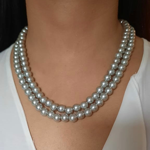 Estele Gold Plated Sparkling Grey Double Line Pearl Necklace for Women