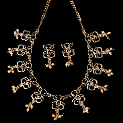 Estele Gold Plated Antique Amore Ganesh Textured Necklace Set with Austrian Crystals & Golden Pearls for Women
