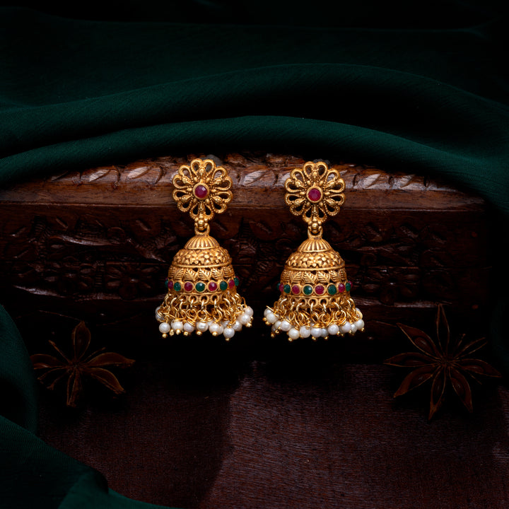 Estele Gold Plated Auspicious Temple Styled Bridal Necklace Set Combo with Color Stones & Pearls for Women