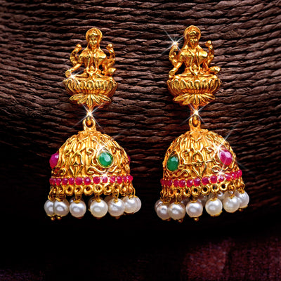 Estele Gold Plated Holy Temple Nakshi Style Bridal Earrings with Color Stones & Pearls