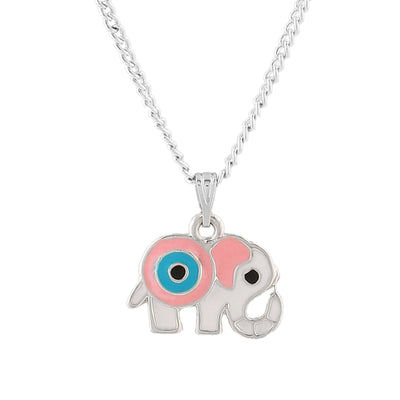 Estele Rhodium Plated Elephant Designer Evil Eye Charm Pendant with Pink & Blue Enamel for Girls/Women