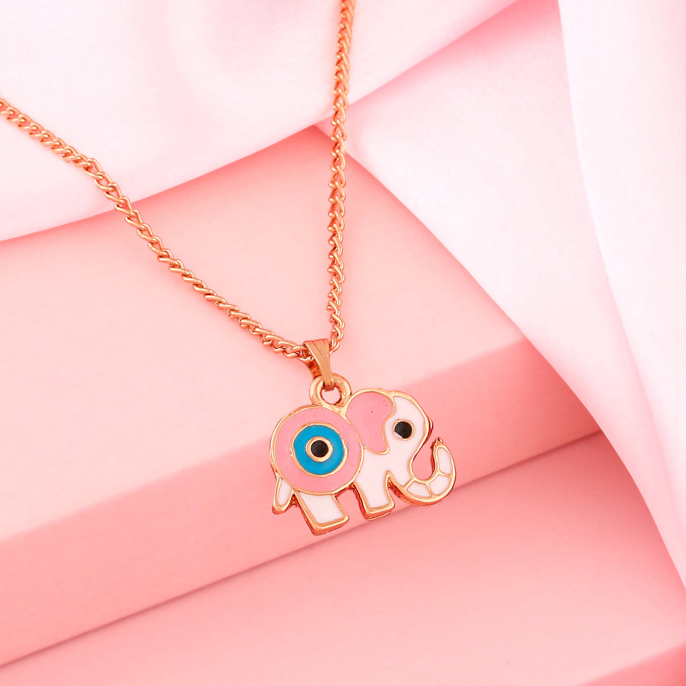Estele Rose Gold Plated Elephant Designer Evil Eye Charm Pendant with Pink & tourquise Blue Enamel for Girls/Women