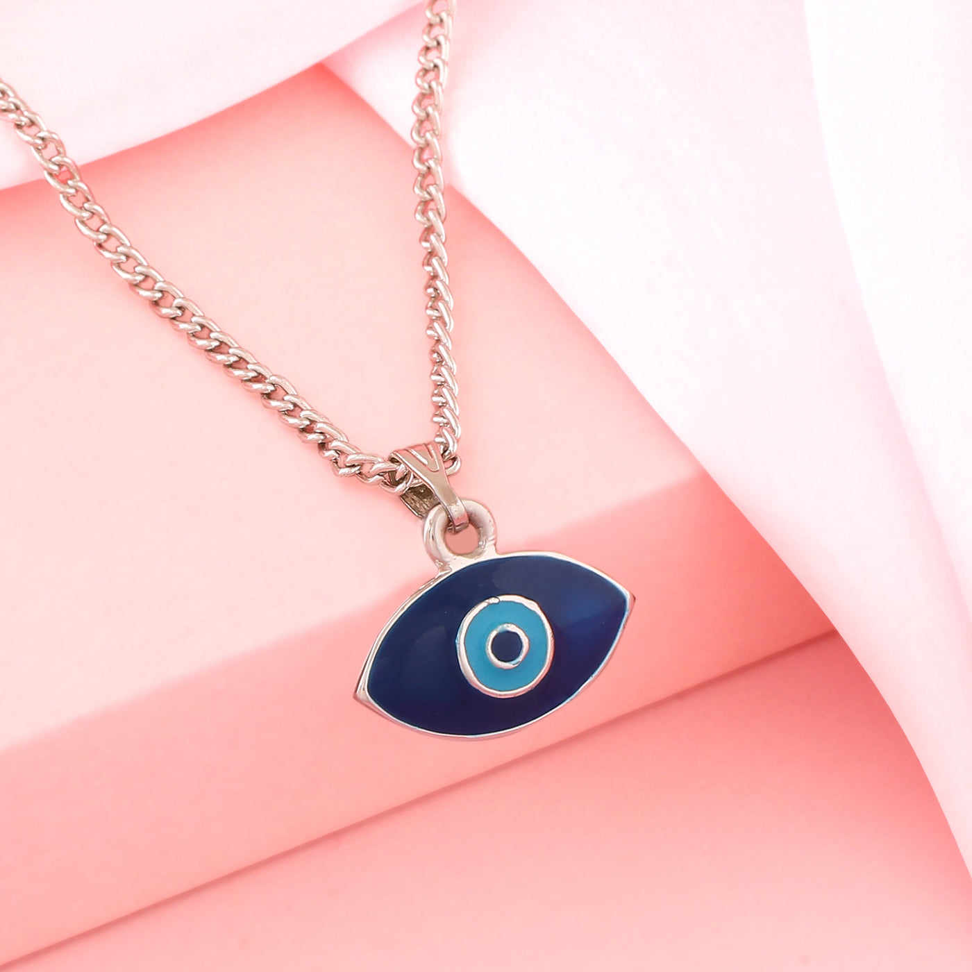 Estele Rhodium Plated Auspicious Evil Eye Charm Pendant with Navy Blue & Turquoise Blue Enamel for Girls/Women