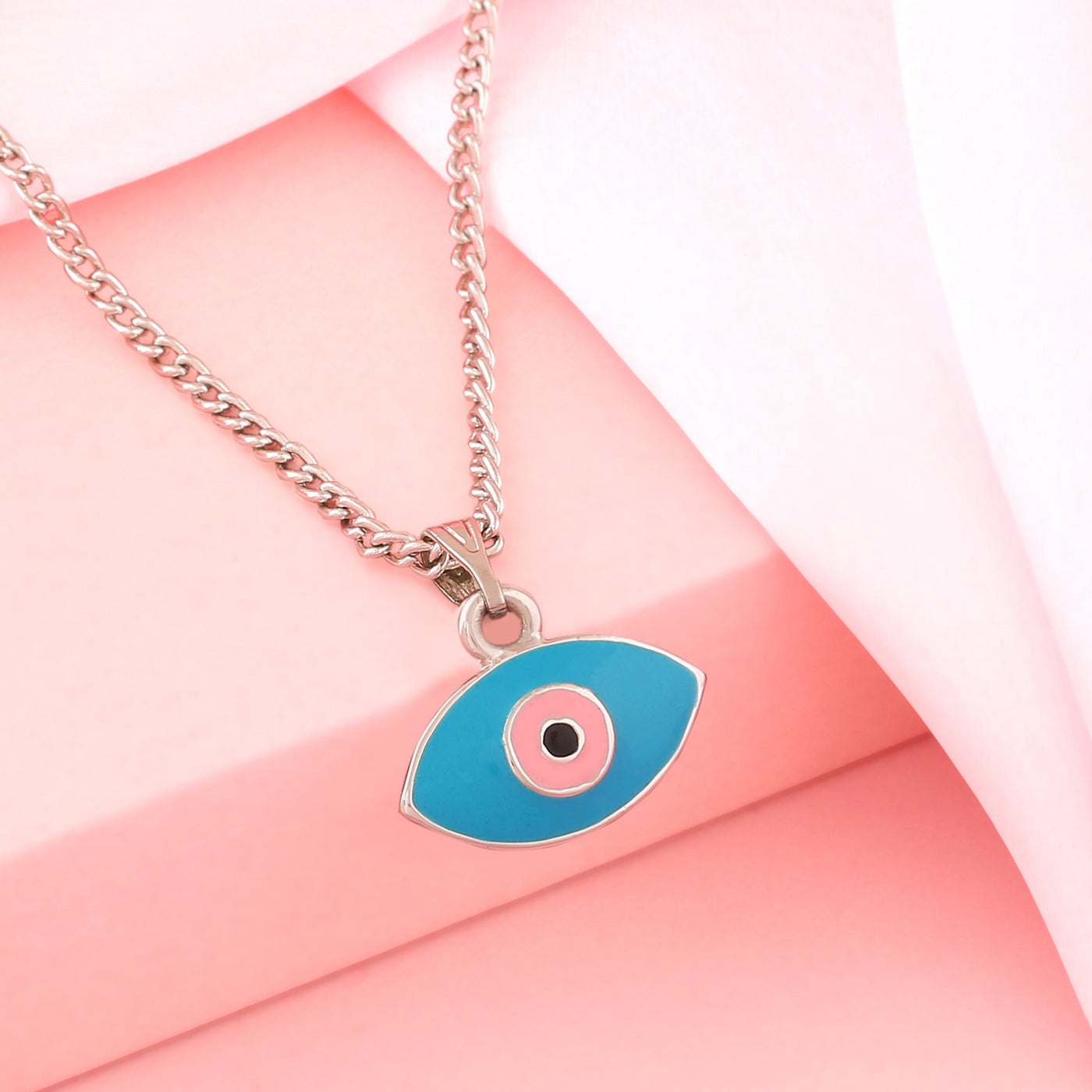 Estele Rhodium Plated Evil Eye Charm Pendant with Pink & Turquoise Blue Enamel for Girls/Women