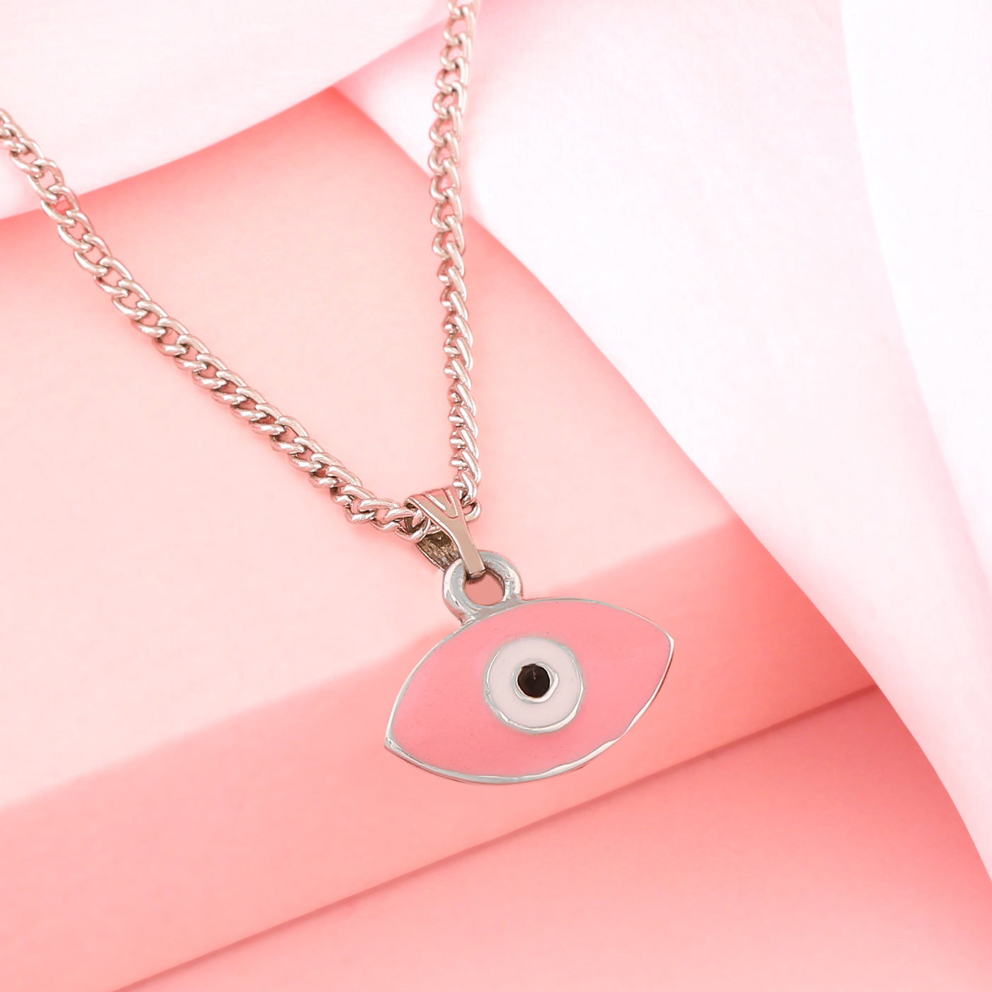 Estele Rhodium Plated Evil Eye Designer Charm Pendant with Pink & White Enamel for Girls/Women