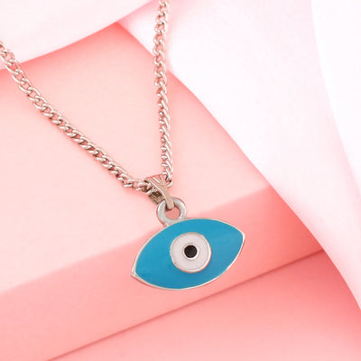 Estele Rhodium Plated Evil Eye Charm Pendant with Turquoise Blue Enamel for Girls/Women