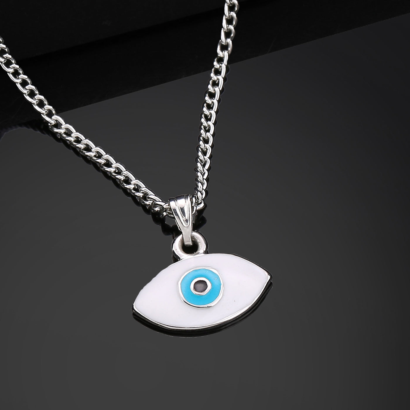 Estele Rhodium Plated Spiritual Evil Eye Charm Pendant with White & Turquoise Blue Enamel for Girls/Women