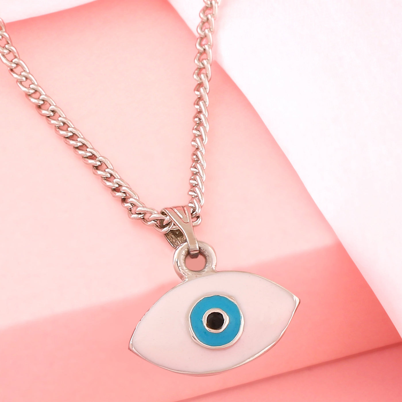 Estele Rhodium Plated Spiritual Evil Eye Charm Pendant with White & Turquoise Blue Enamel for Girls/Women