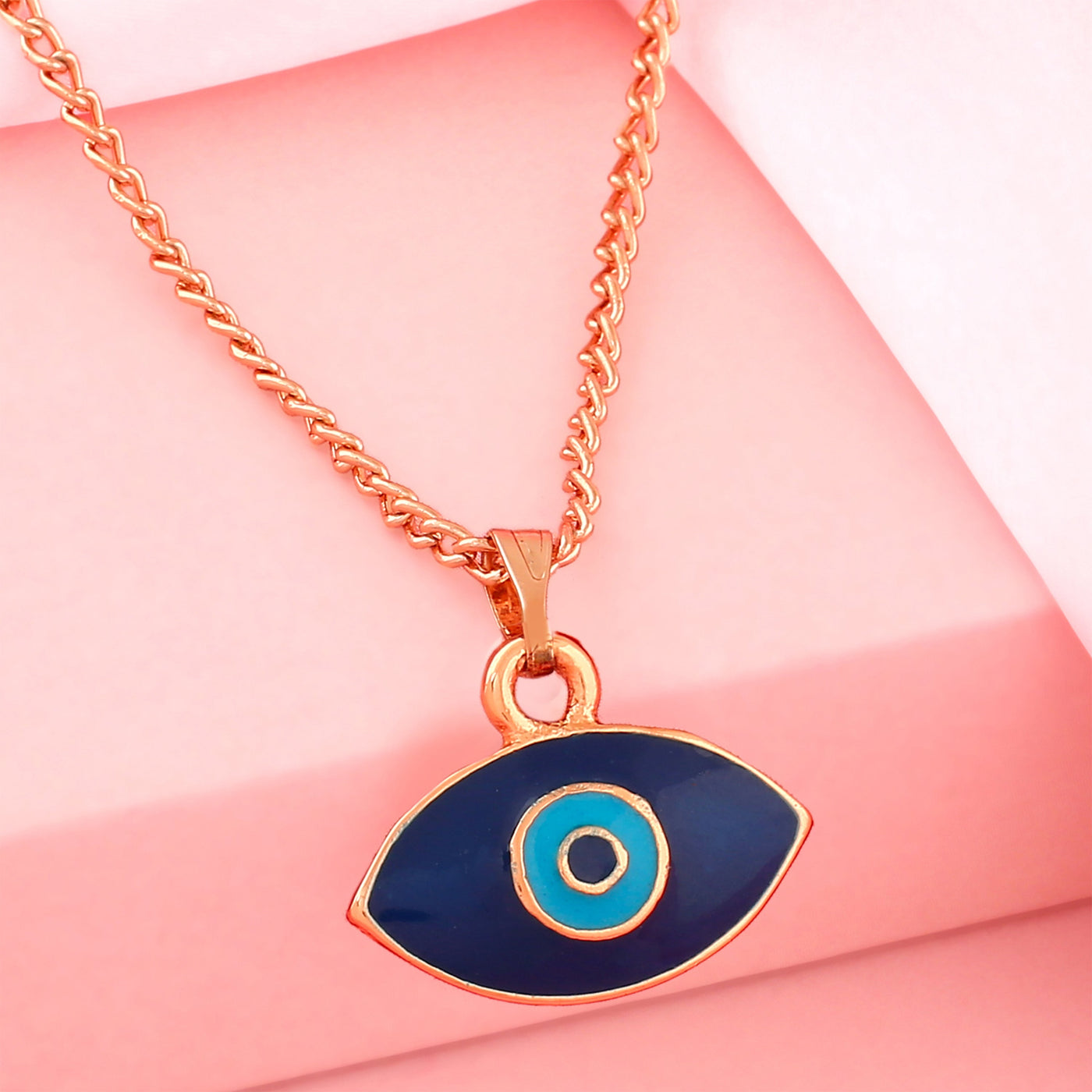 Estele Rose Gold Plated Auspicious Evil Eye Charm Pendant with Navy Blue & Turquoise Blue Enamel for Girls/Women