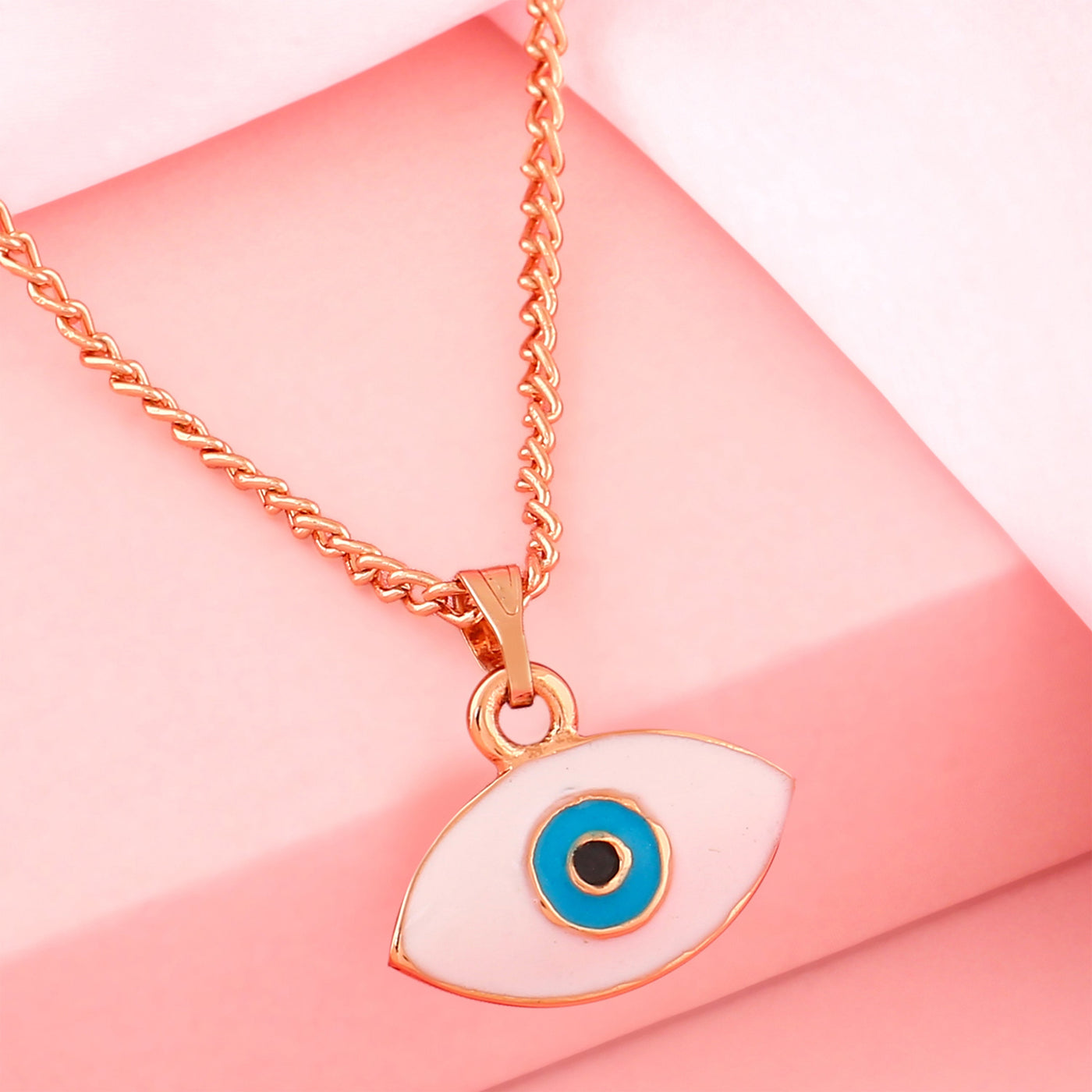 Estele Rose Gold Plated Spiritual Evil Eye Charm Pendant with White & Turquoise Blue Enamel for Girls/Women