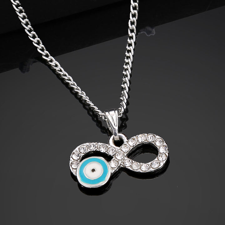 Estele Rhodium Plated Infinity Shaped Evil Eye Charm Pendant with Austrian Crystals for Girls/Women