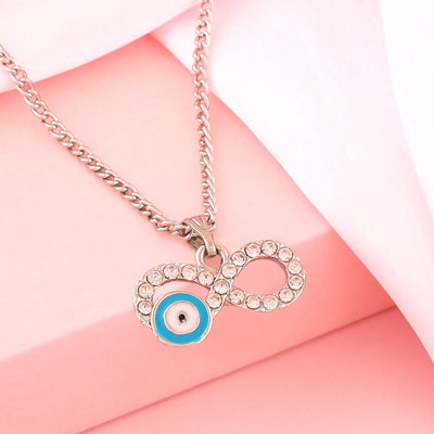 Estele Rhodium Plated Infinity Shaped Evil Eye Charm Pendant with Austrian Crystals for Girls/Women