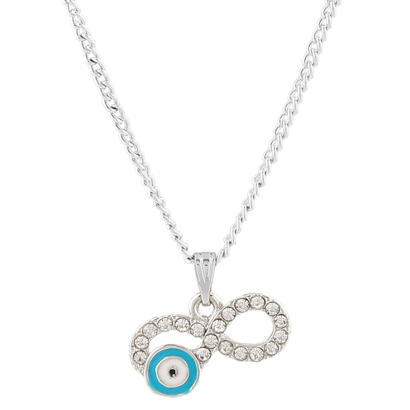 Estele Rhodium Plated Infinity Shaped Evil Eye Charm Pendant with Austrian Crystals for Girls/Women