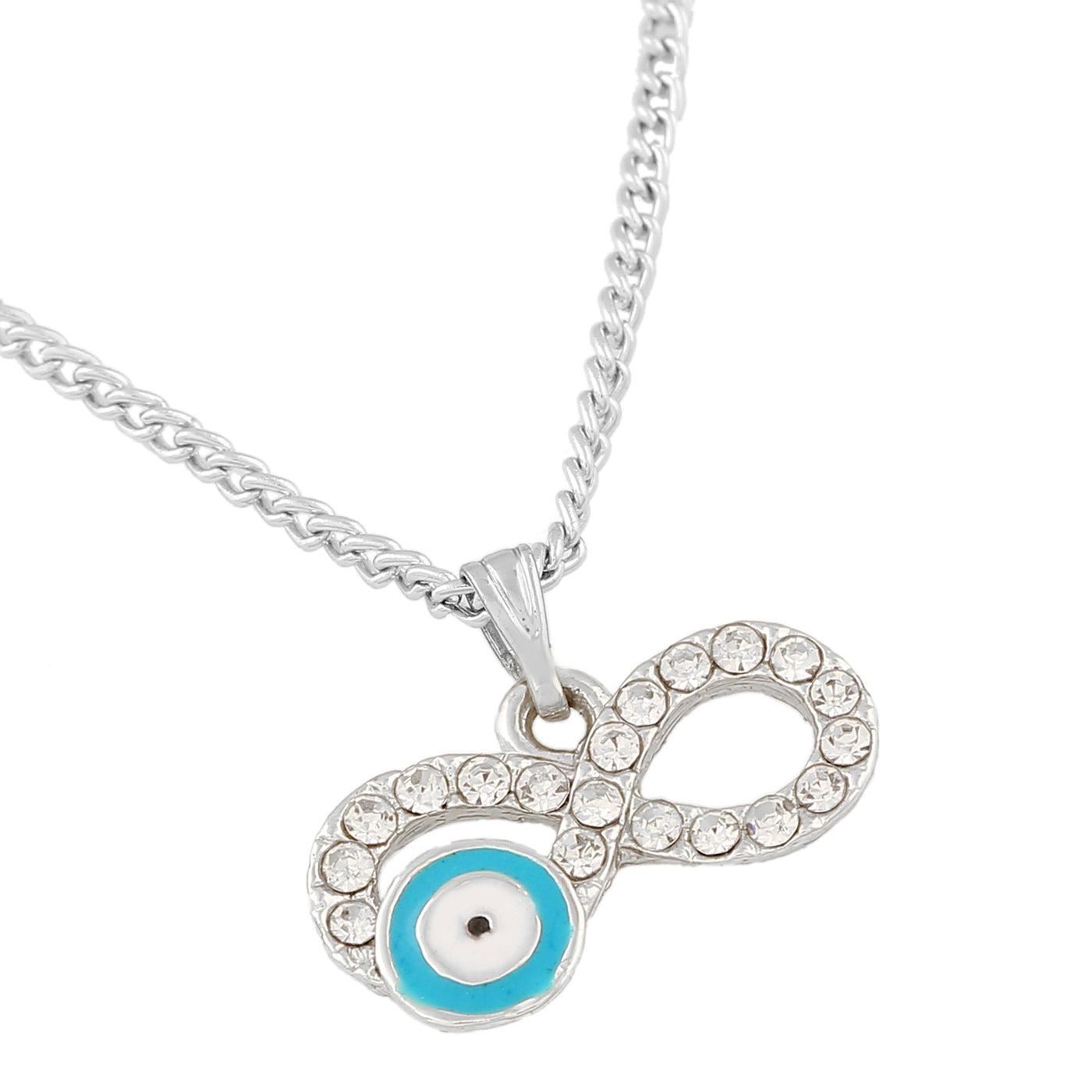 Estele Rhodium Plated Infinity Shaped Evil Eye Charm Pendant with Austrian Crystals for Girls/Women