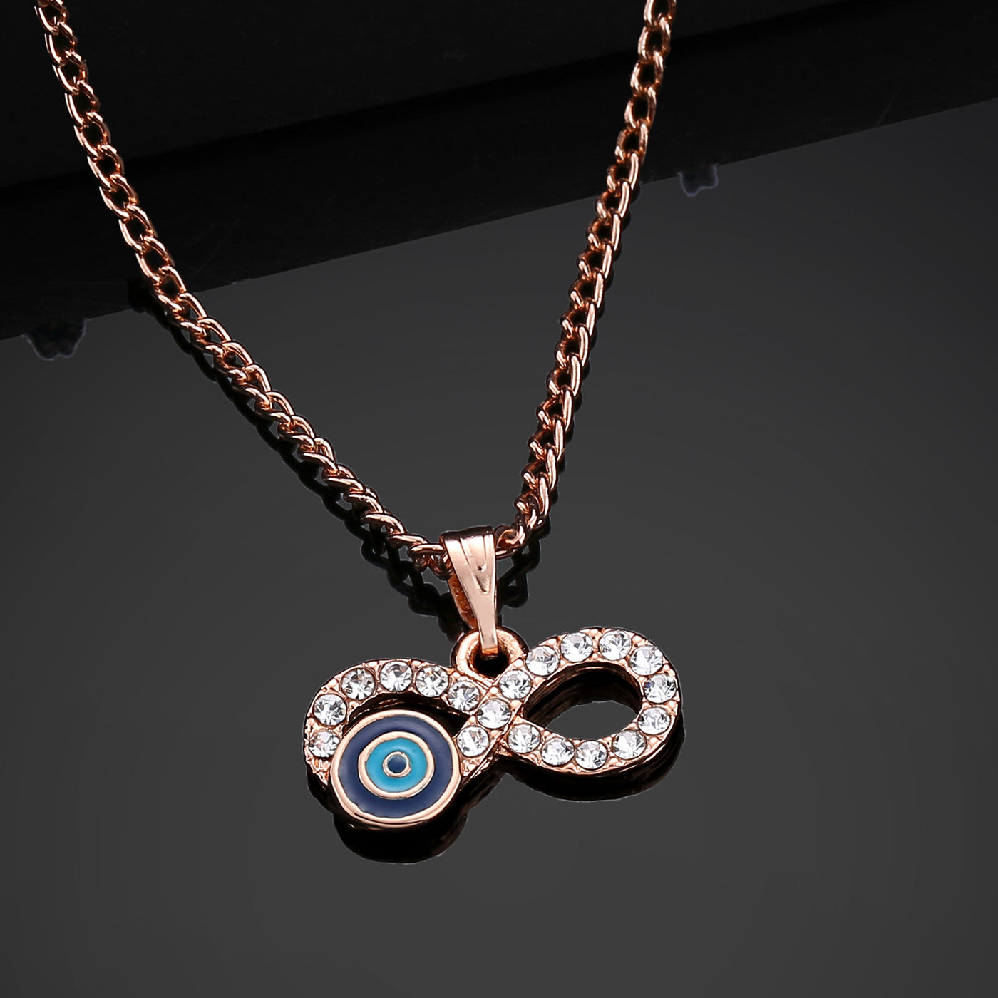 Estele Rose Gold Plated Sparkling Infinity Shaped Evil Eye Charm Pendant with Navy Blue & Turquoise Blue Enamel for Girls/Women