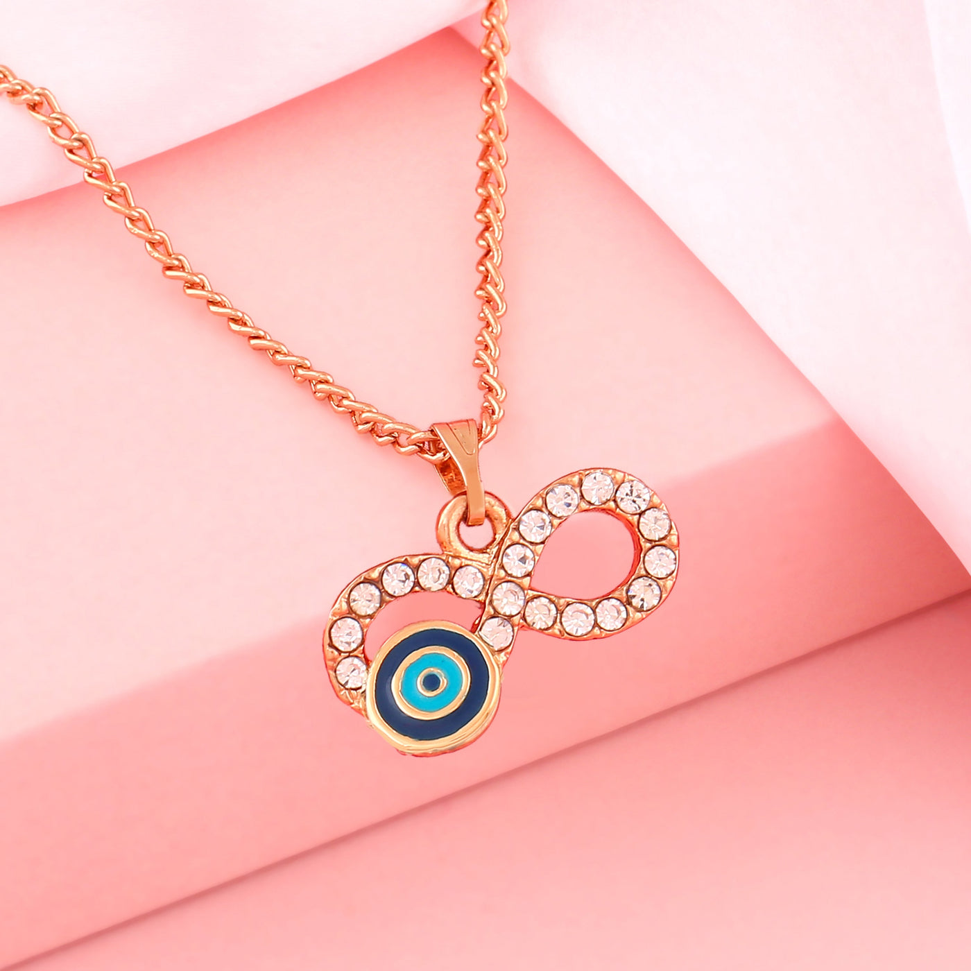 Estele Rose Gold Plated Sparkling Infinity Shaped Evil Eye Charm Pendant with Navy Blue & Turquoise Blue Enamel for Girls/Women