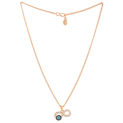 Estele Rose Gold Plated Sparkling Infinity Shaped Evil Eye Charm Pendant with Navy Blue & Turquoise Blue Enamel for Girls/Women