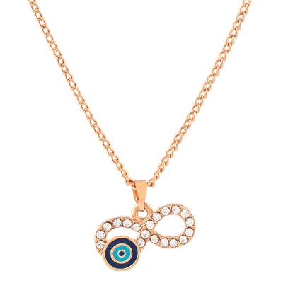 Estele Rose Gold Plated Sparkling Infinity Shaped Evil Eye Charm Pendant with Navy Blue & Turquoise Blue Enamel for Girls/Women