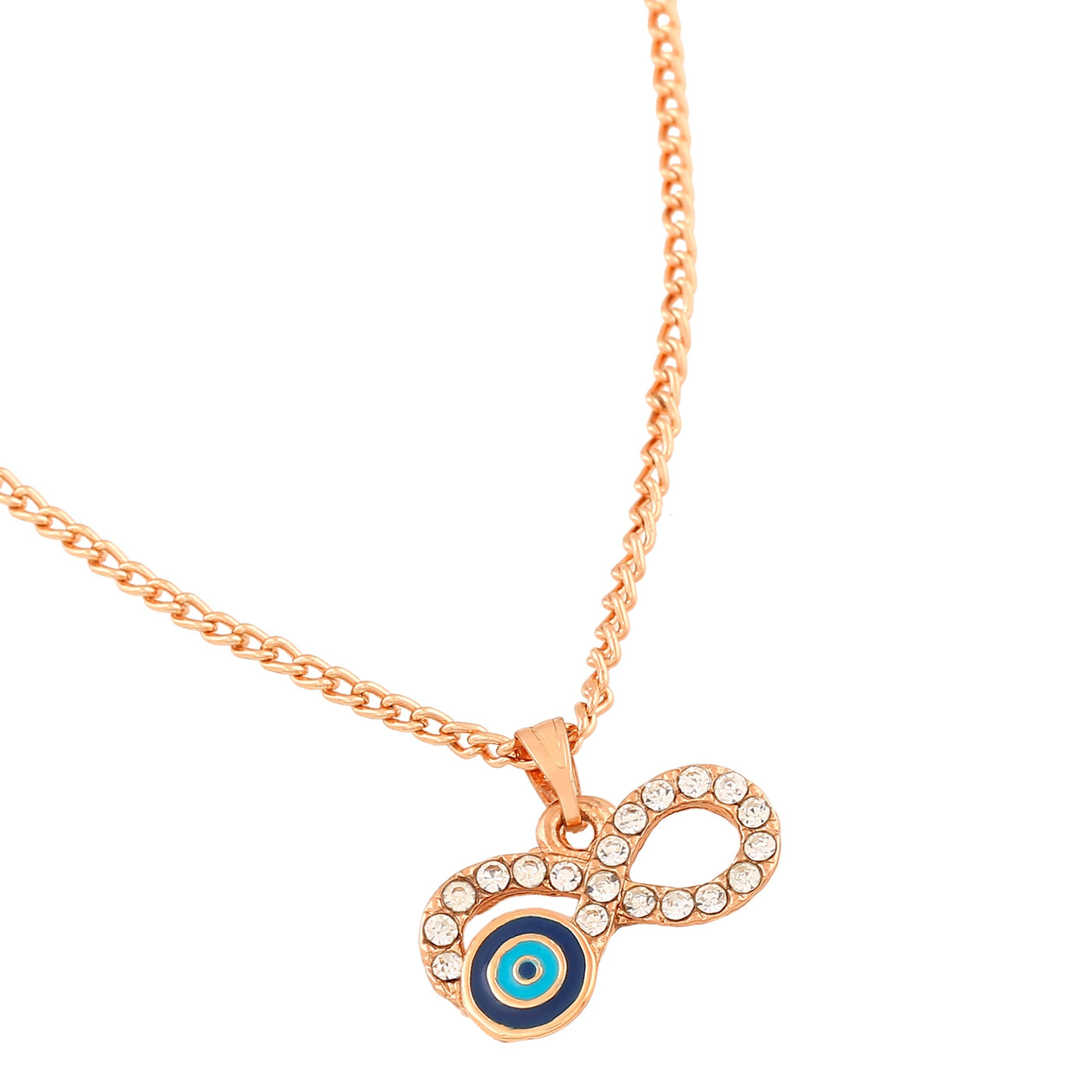 Estele Rose Gold Plated Sparkling Infinity Shaped Evil Eye Charm Pendant with Navy Blue & Turquoise Blue Enamel for Girls/Women