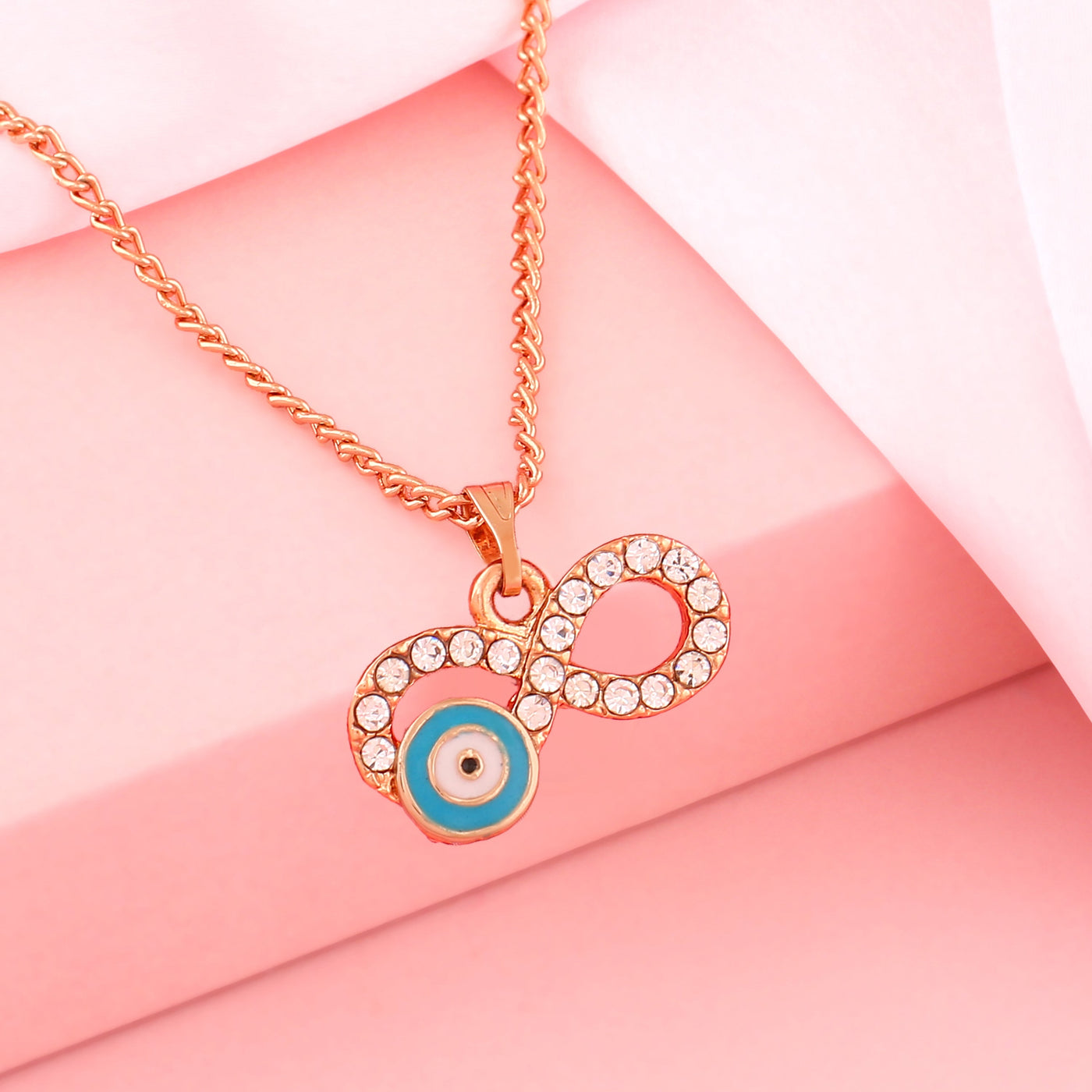 Estele Rose Gold Plated Sparkling Infinity Shaped Evil Eye Charm Pendant with Turquoise Blue Enamel For Girls/Women