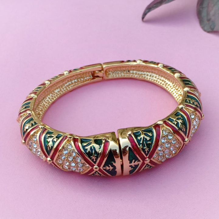 Estele Gold Plated Diamond Pattern Green and Red Meenakari Cuff Bracelet
