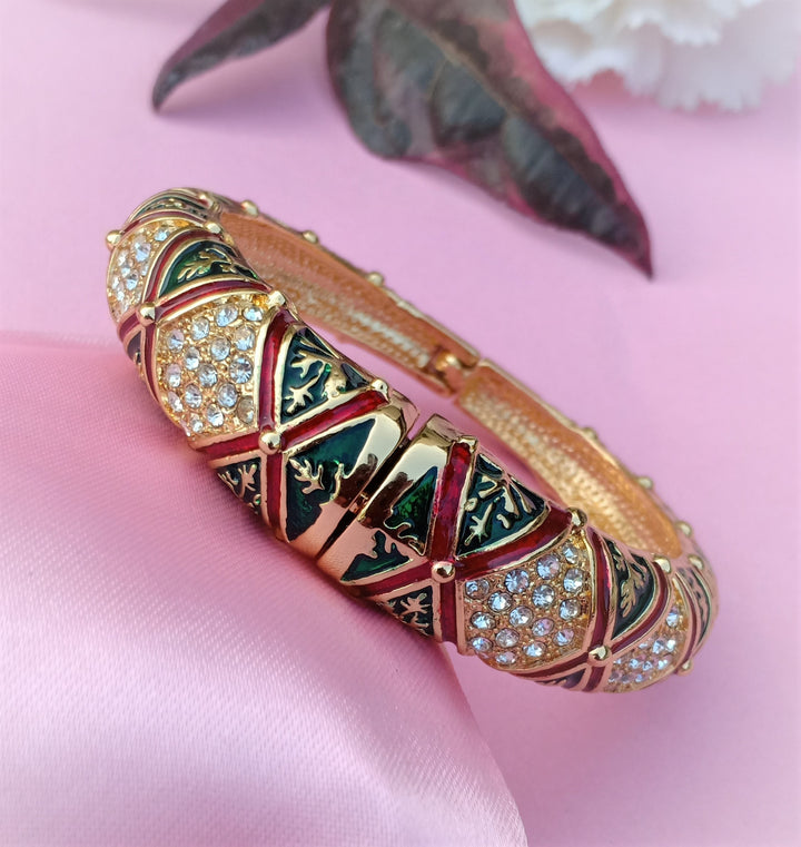 Estele Gold Plated Diamond Pattern Green and Red Meenakari Cuff Bracelet