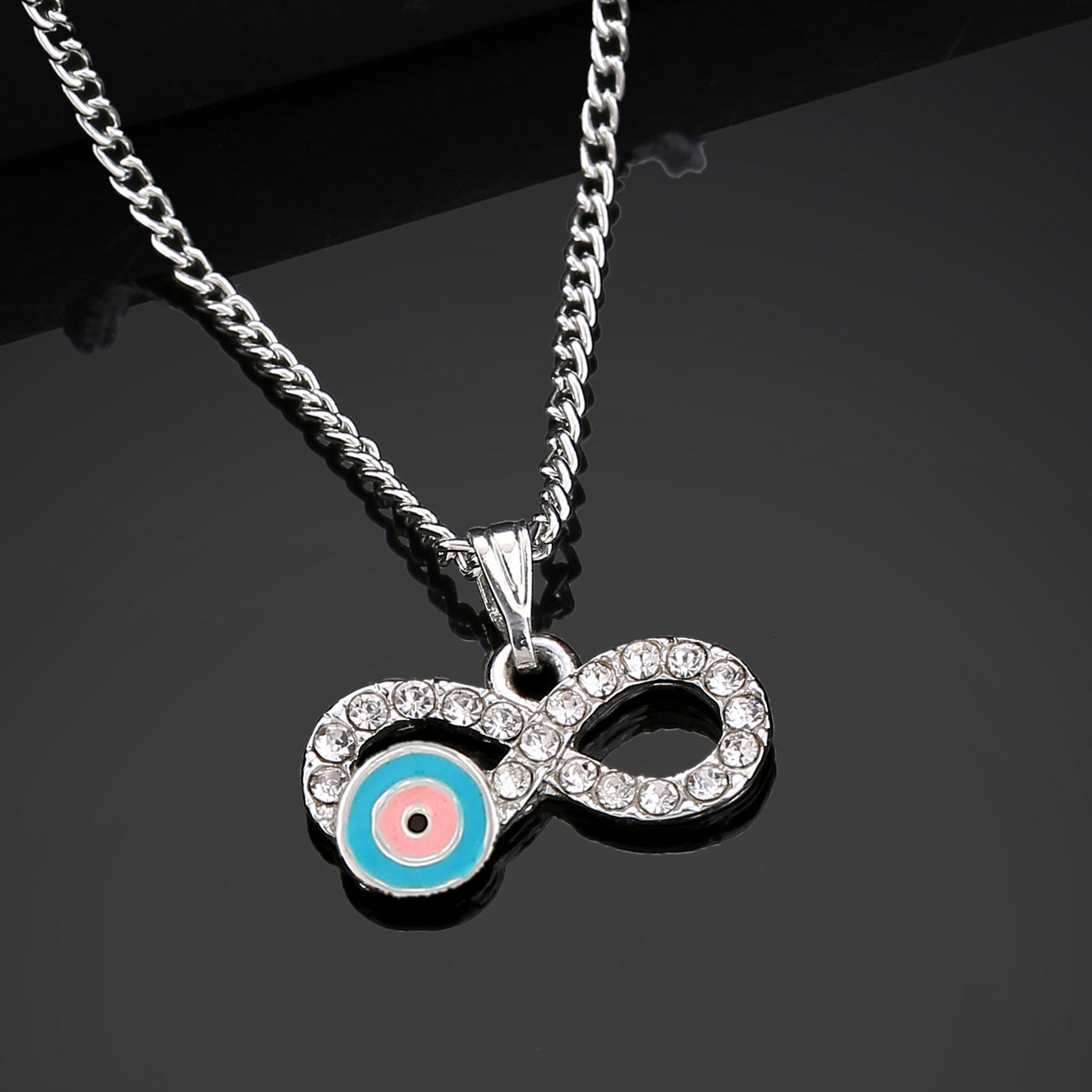 Estele Rhodium Plated Glittering Infinity Shaped Evil Eye Charm Pendant with Pink & Turquoise Blue Enamel for Girls/Women