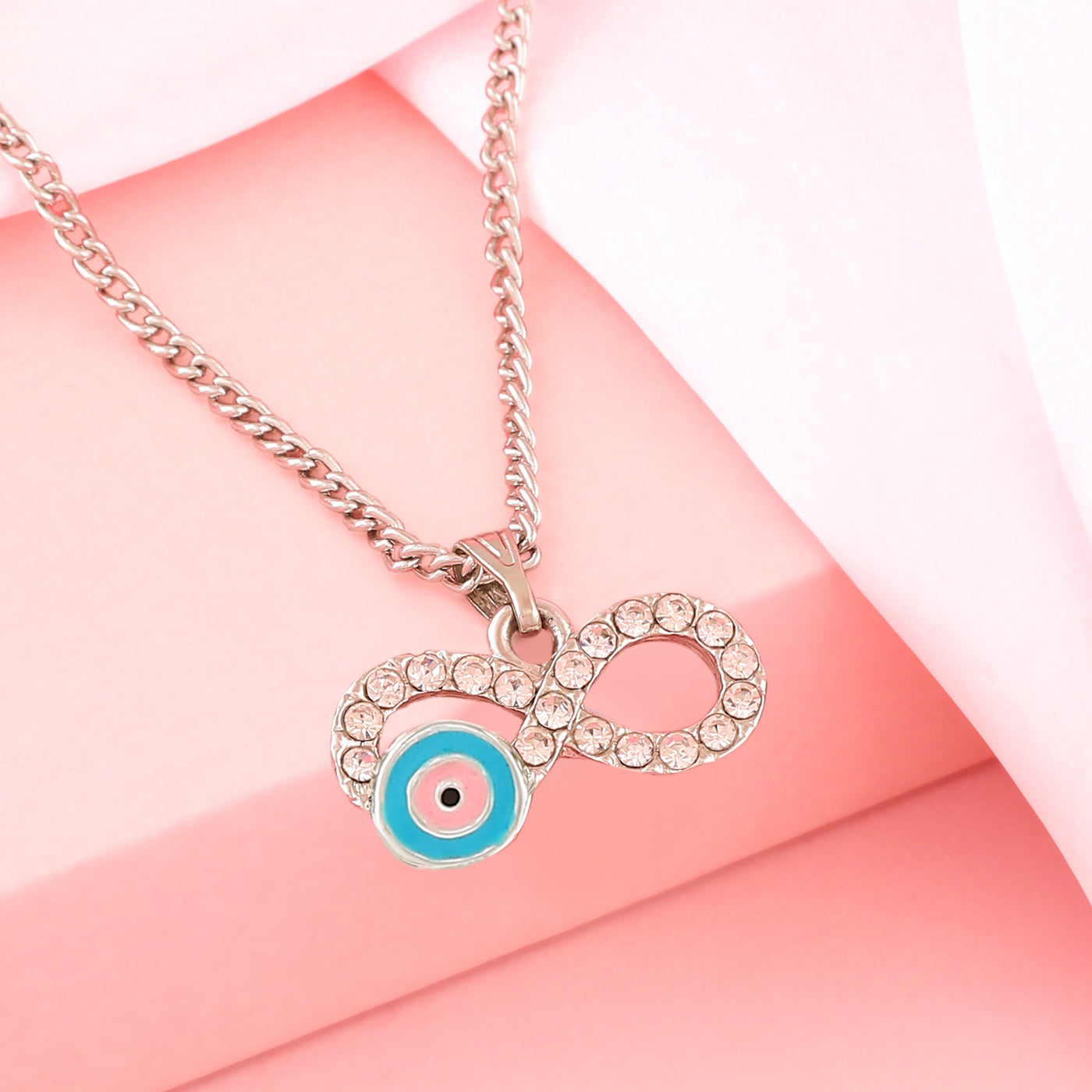 Estele Rhodium Plated Glittering Infinity Shaped Evil Eye Charm Pendant with Pink & Turquoise Blue Enamel for Girls/Women