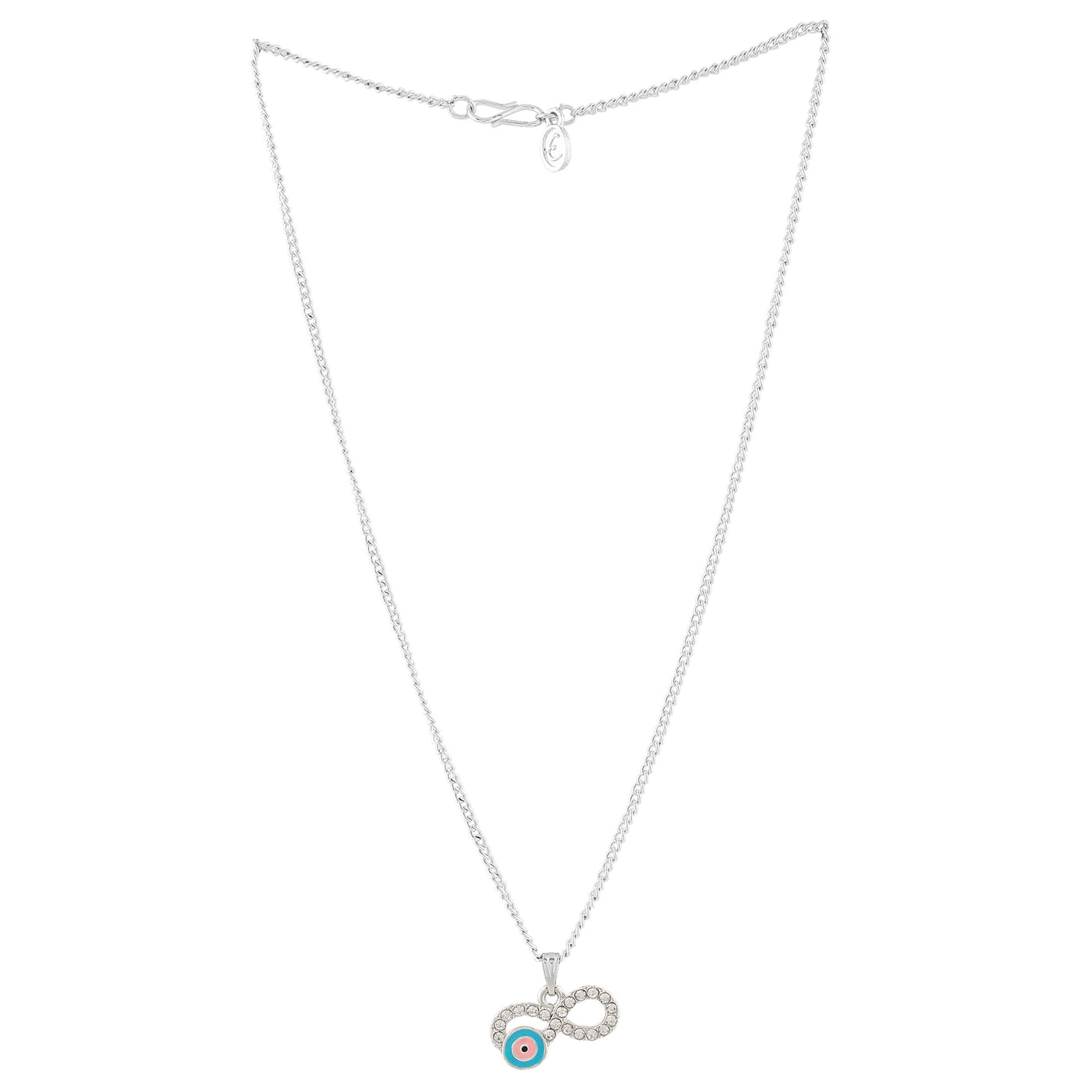 Estele Rhodium Plated Glittering Infinity Shaped Evil Eye Charm Pendant with Pink & Turquoise Blue Enamel for Girls/Women