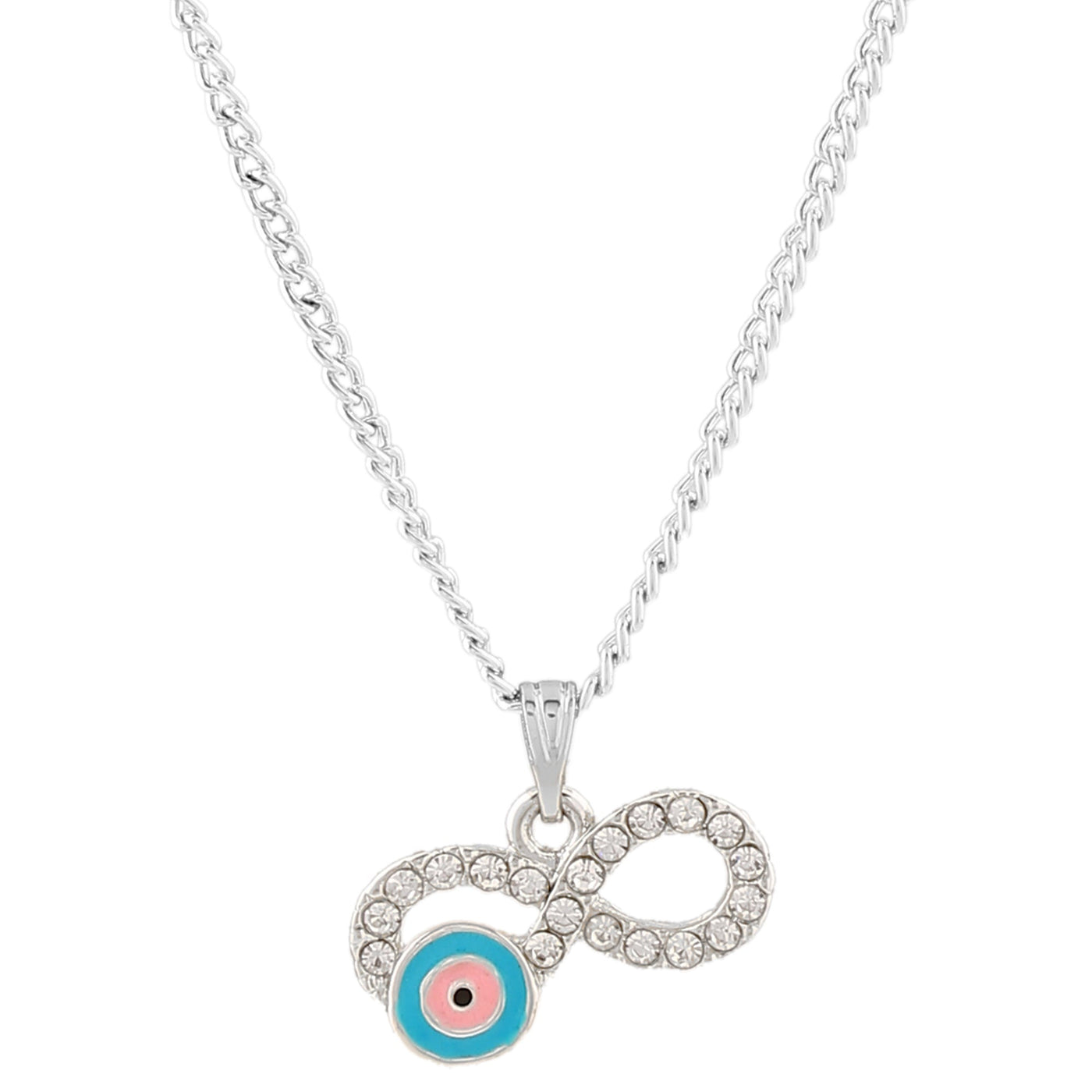 Estele Rhodium Plated Glittering Infinity Shaped Evil Eye Charm Pendant with Pink & Turquoise Blue Enamel for Girls/Women