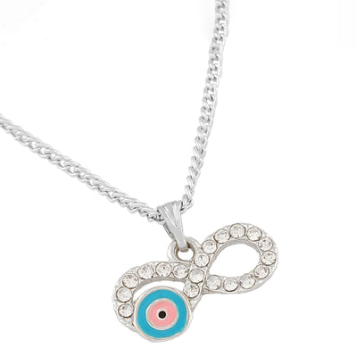 Estele Rhodium Plated Glittering Infinity Shaped Evil Eye Charm Pendant with Pink & Turquoise Blue Enamel for Girls/Women