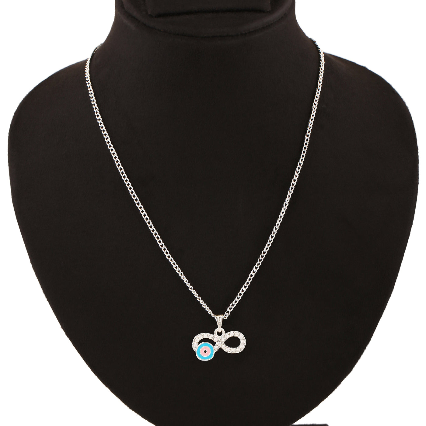 Estele Rhodium Plated Glittering Infinity Shaped Evil Eye Charm Pendant with Pink & Turquoise Blue Enamel for Girls/Women