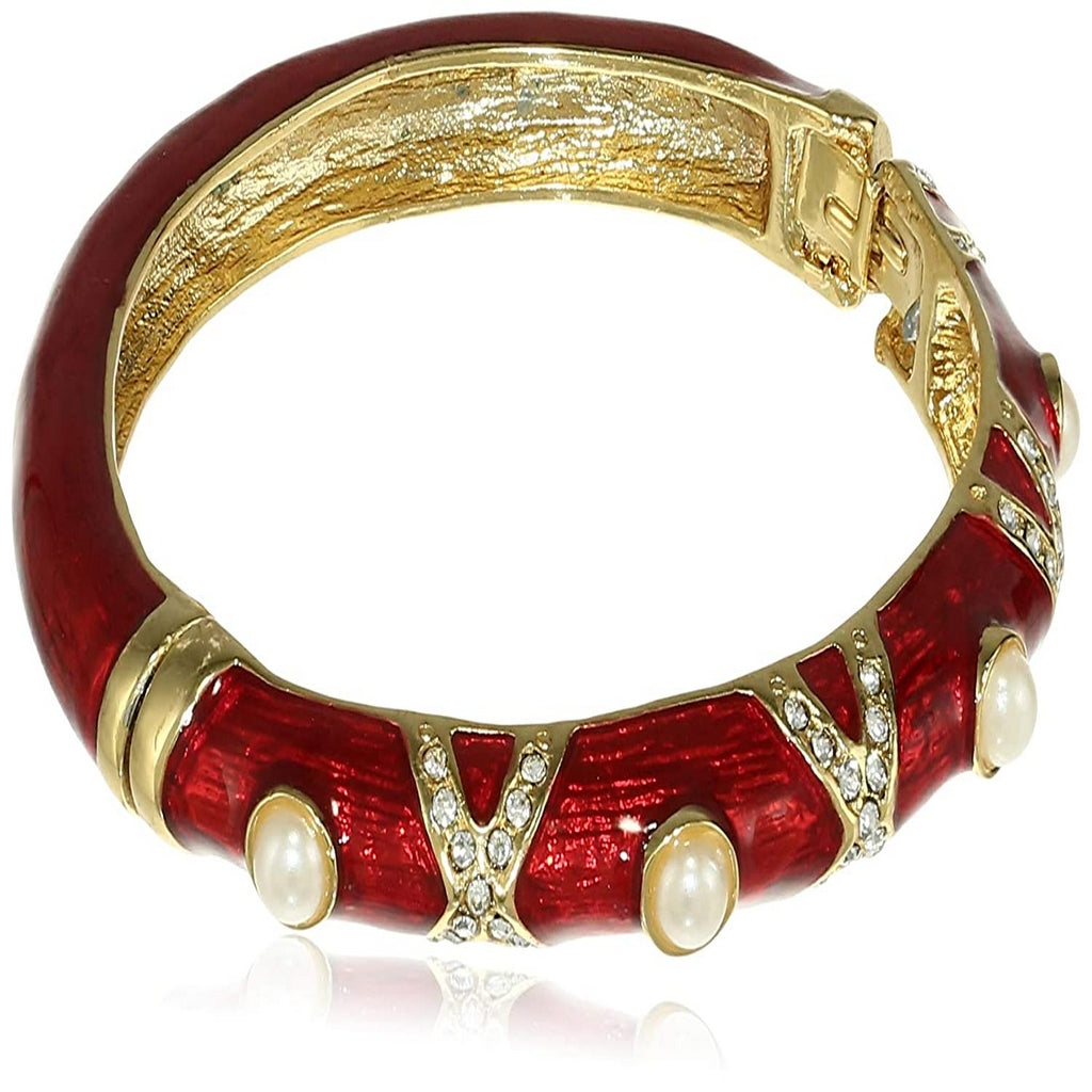 Estele Gold Plated Red Enamel Pearl Studded Cuff Bracelet for women