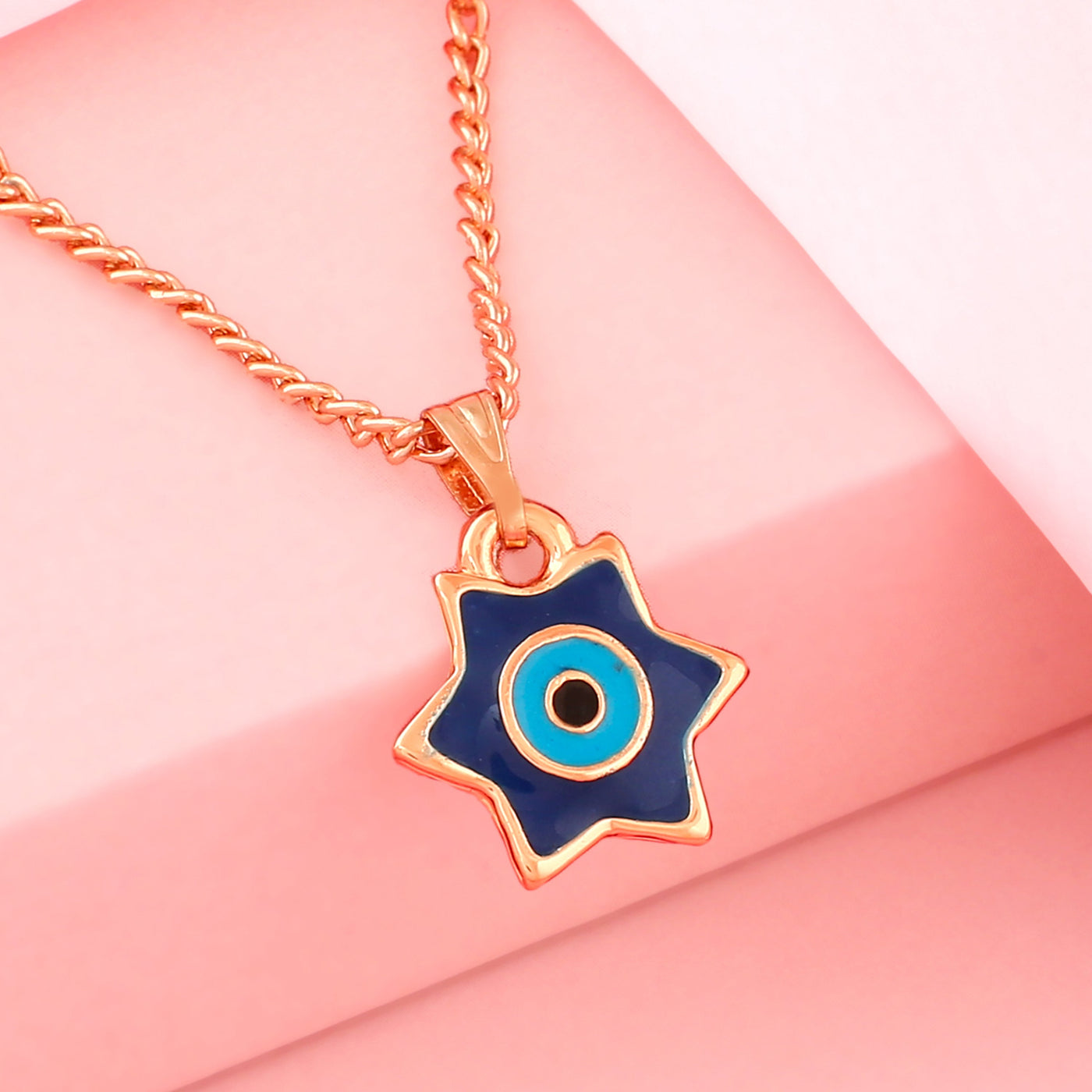 Estele Rose Gold Plated Elegant Star Designer Evil Eye Charm Pendant with Navy Blue & Turquoise Blue Enamel for Girls/Women