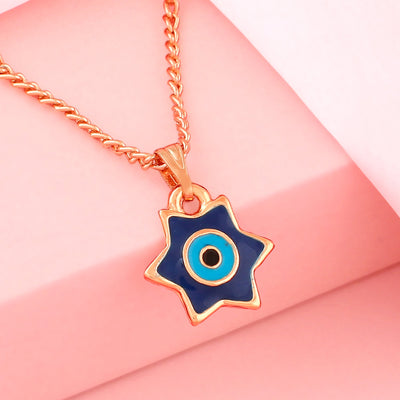 Estele Rose Gold Plated Elegant Star Designer Evil Eye Charm Pendant with Navy Blue & Turquoise Blue Enamel for Girls/Women