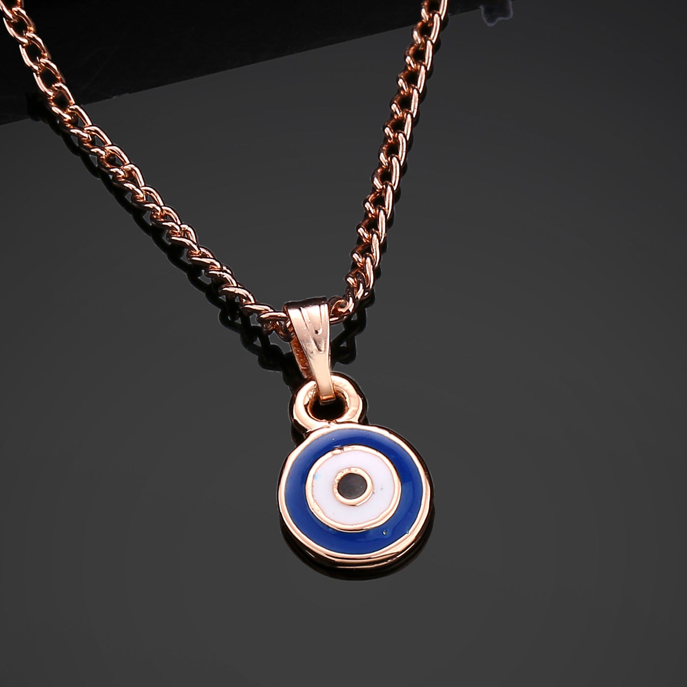 Estele Rose Gold Plated Round Shaped Evil Eye Charm Pendant with Navy Blue Enamel for Girls/Women